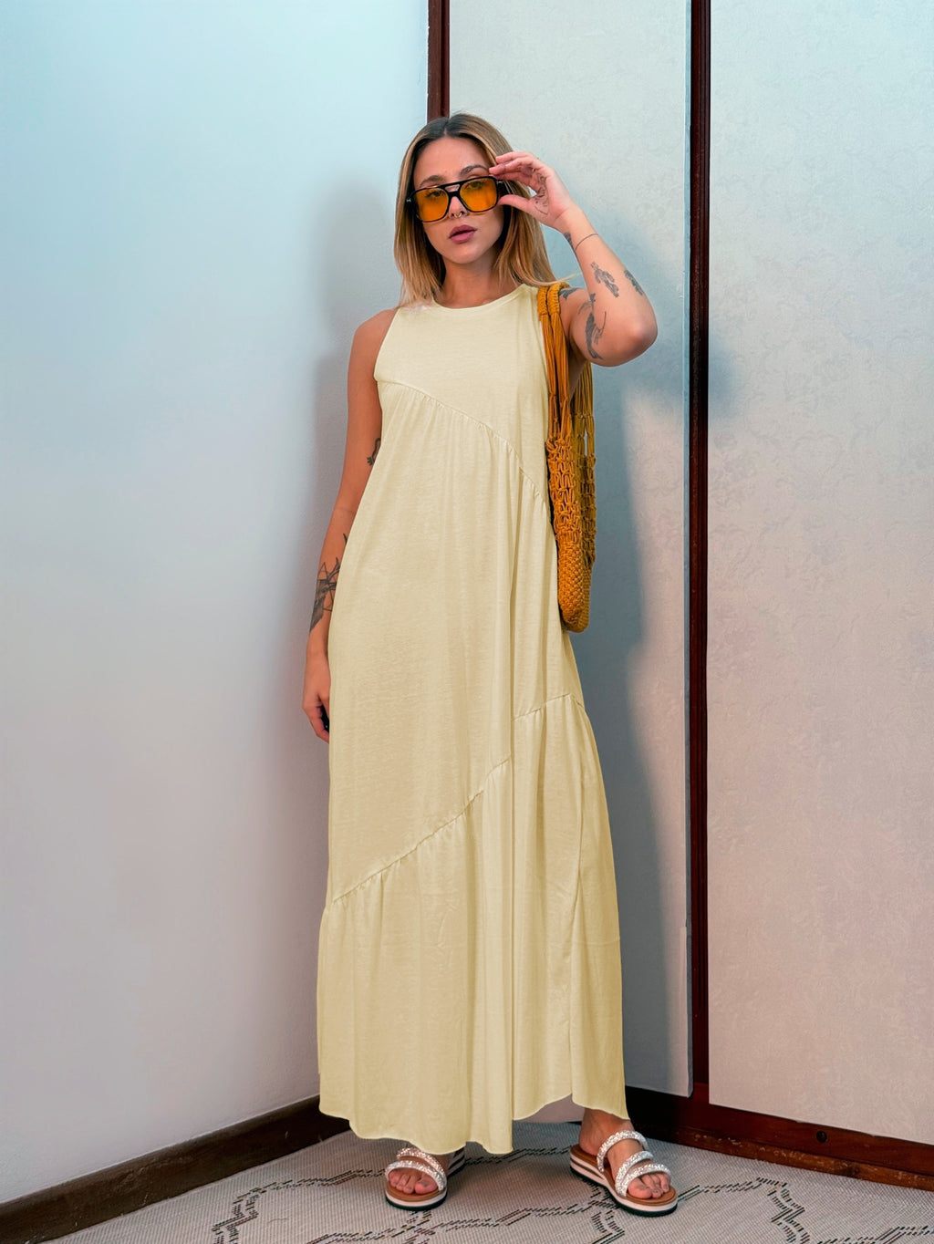 Vestido Longo Feminino Soltinho malha algodão Aveloz Amarelo Claro