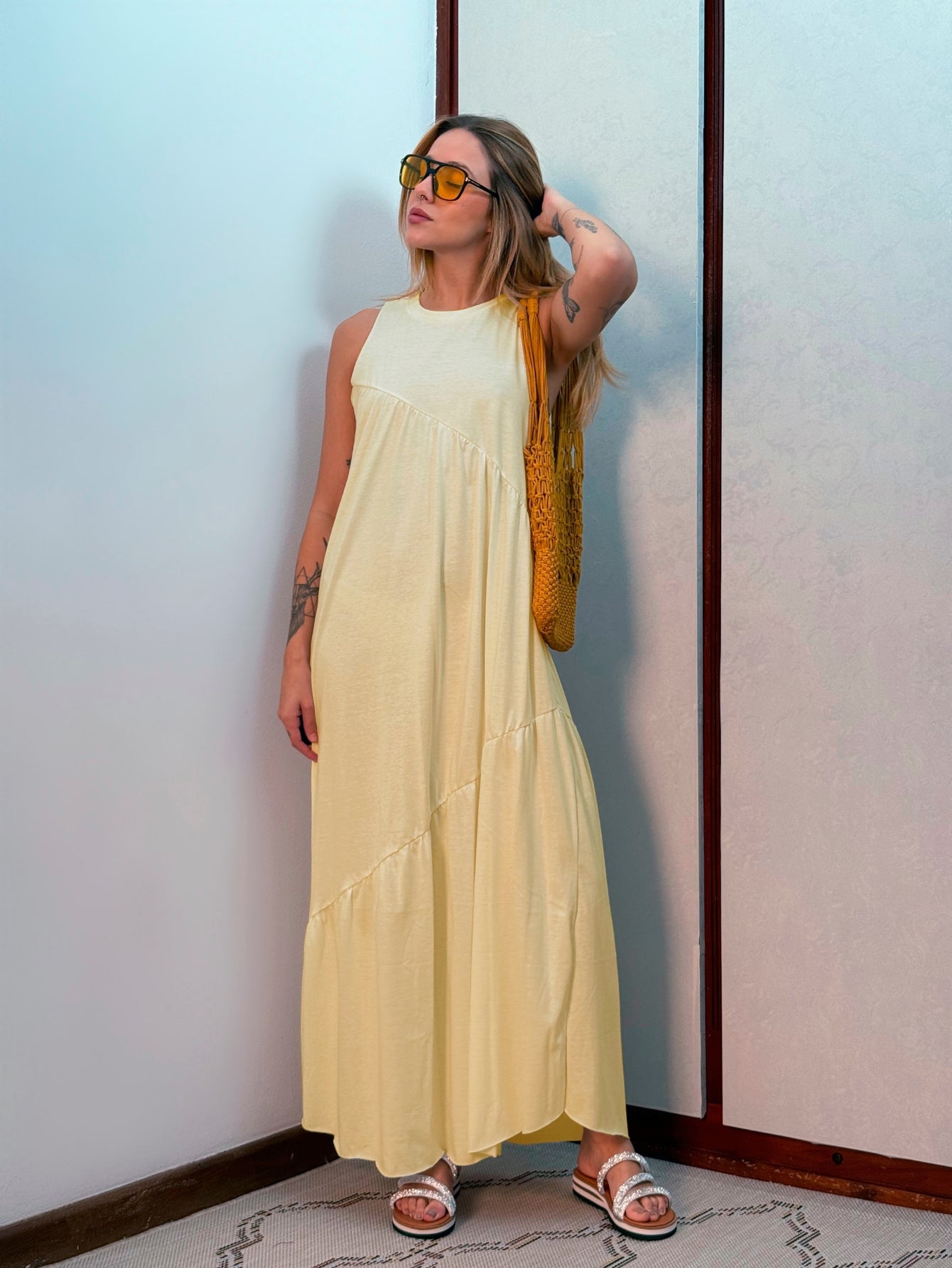 Vestido Longo Feminino Soltinho malha algodão Aveloz Amarelo Claro