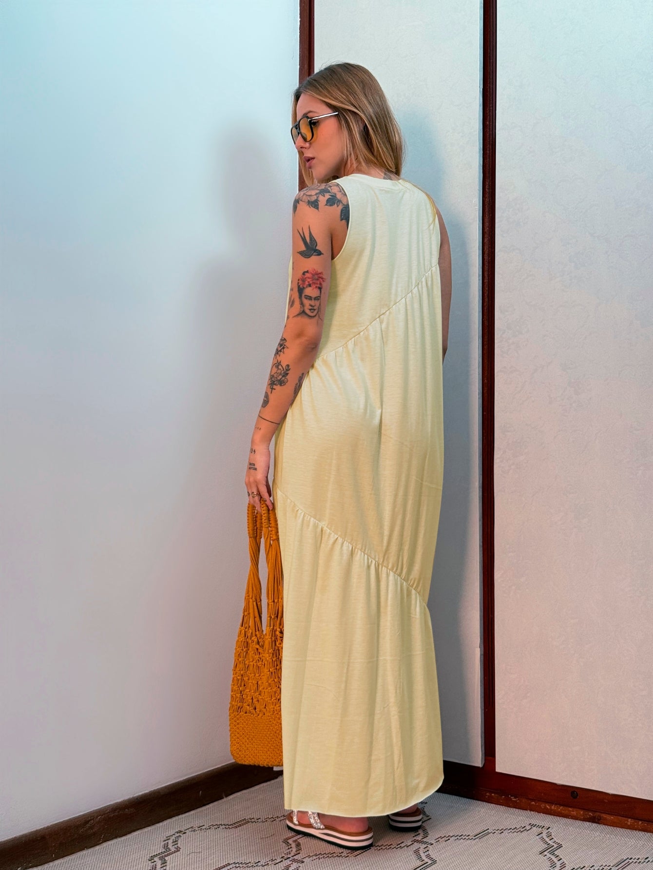 Vestido Longo Feminino Soltinho malha algodão Aveloz Amarelo Claro