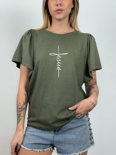 Camiseta Feminina Religiosa Estampa Jesus Manga Flare Aveloz