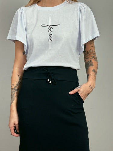 Camiseta Feminina Religiosa Estampa Jesus Manga Flare Aveloz