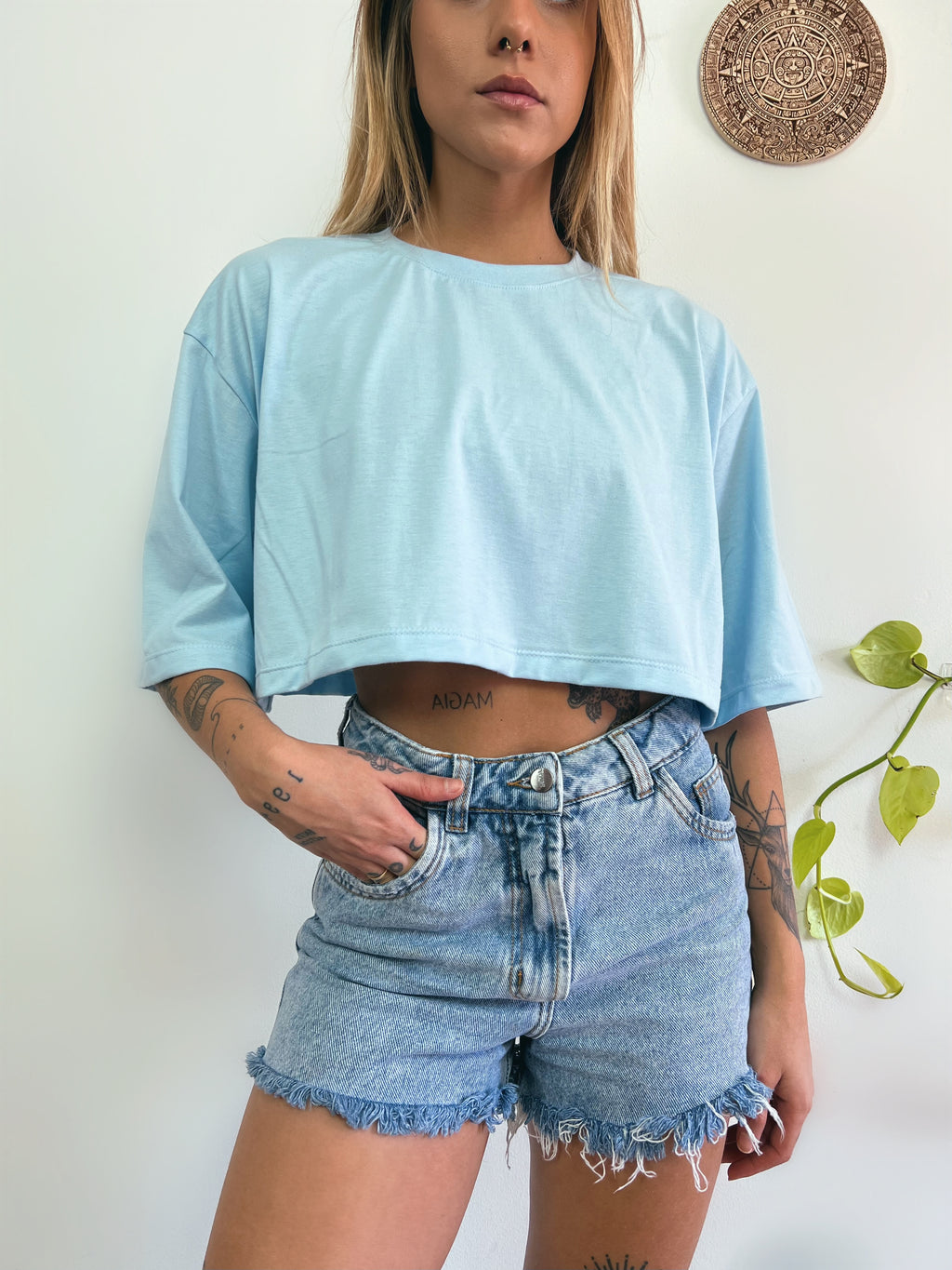 Camiseta Cropped Oversized Aveloz- Azul Claro