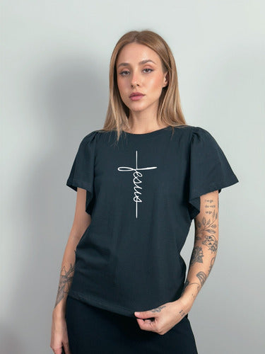 Camiseta Feminina Religiosa Estampa Jesus Manga Flare Aveloz