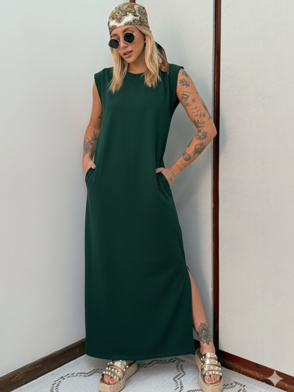 Vestido Longo Muscle Tee em Algodão com Bolso Aveloz Verde Floresta