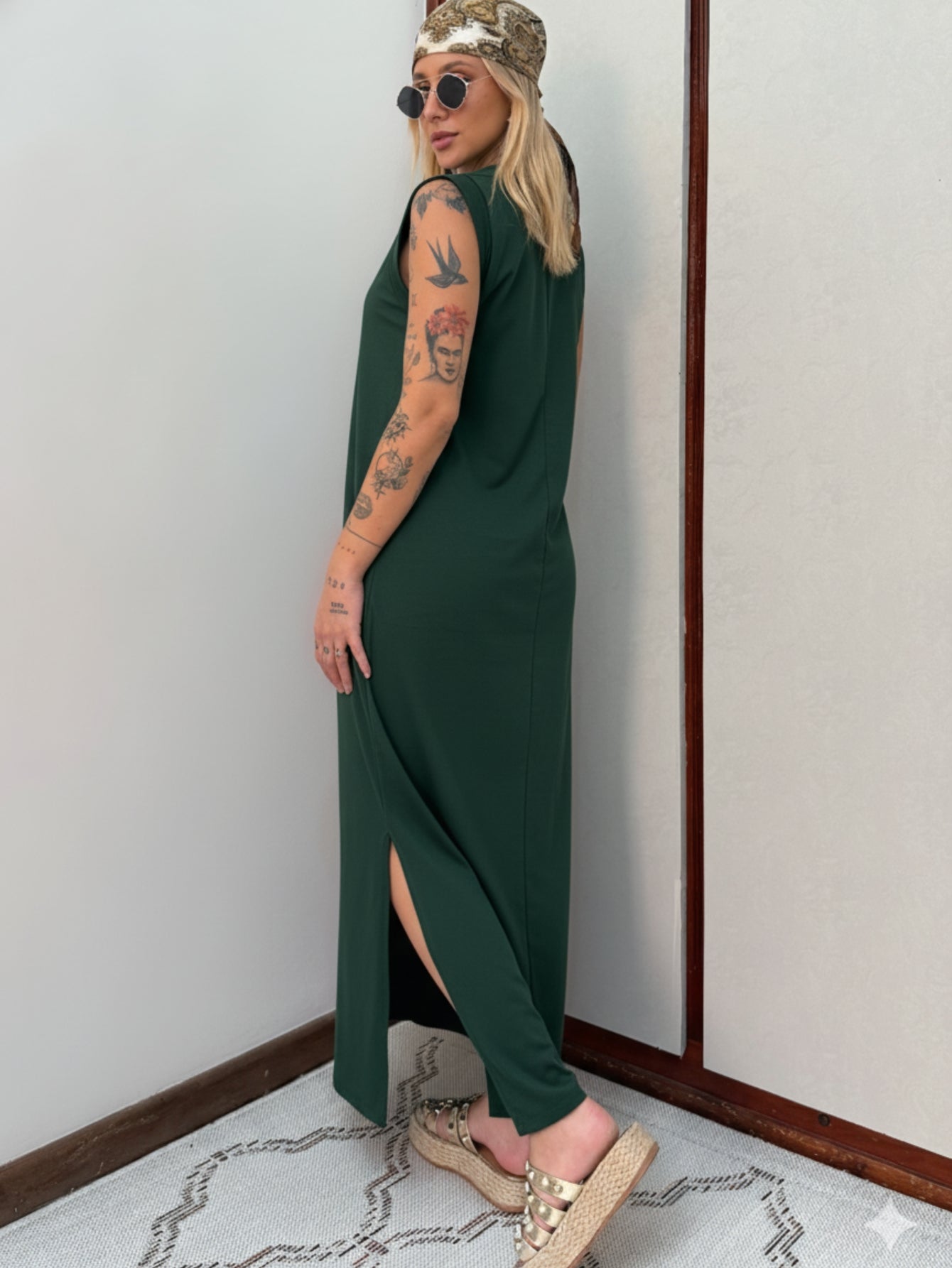 Vestido Longo Muscle Tee em Algodão com Bolso Aveloz Verde Floresta