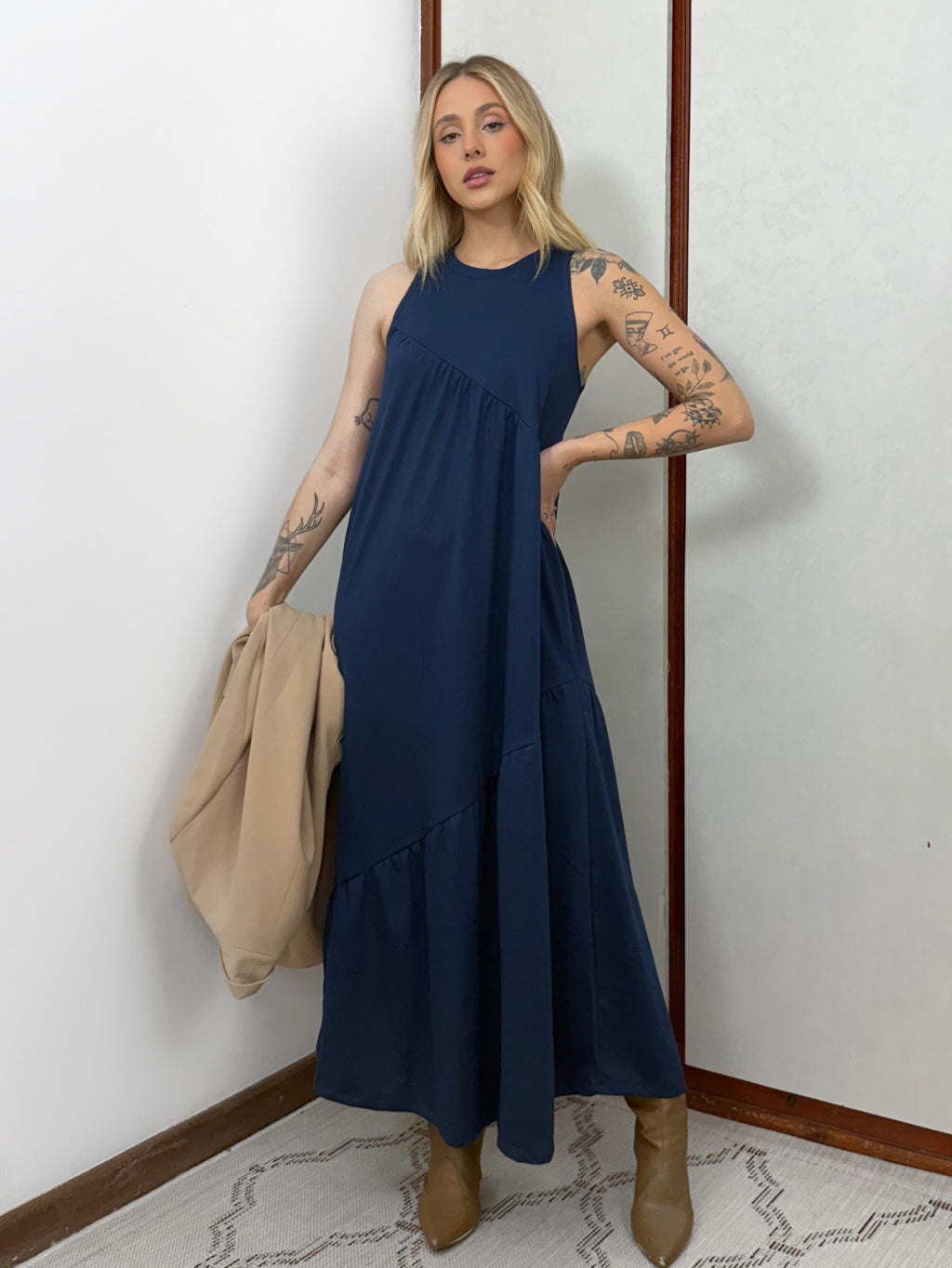 Vestido Longo Feminino Soltinho malha algodão Aveloz Azul Marinho