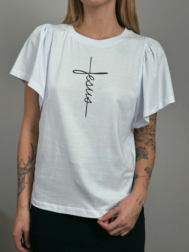 Camiseta Feminina Religiosa Estampa Jesus Manga Flare Aveloz
