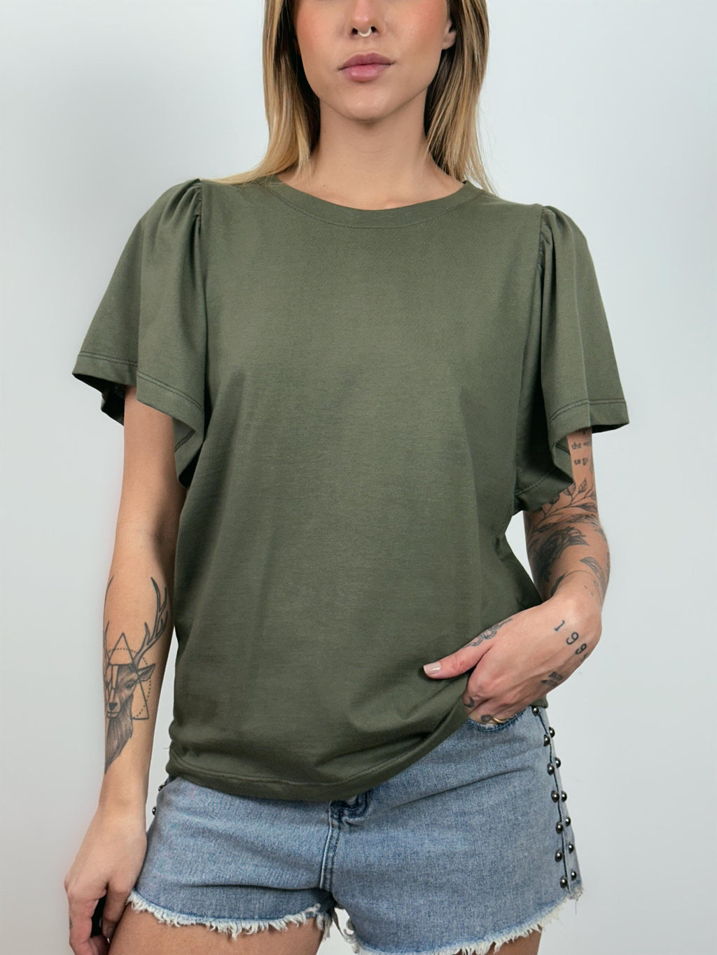Blusa de Algodão Manga Bufante- Verde Oliva