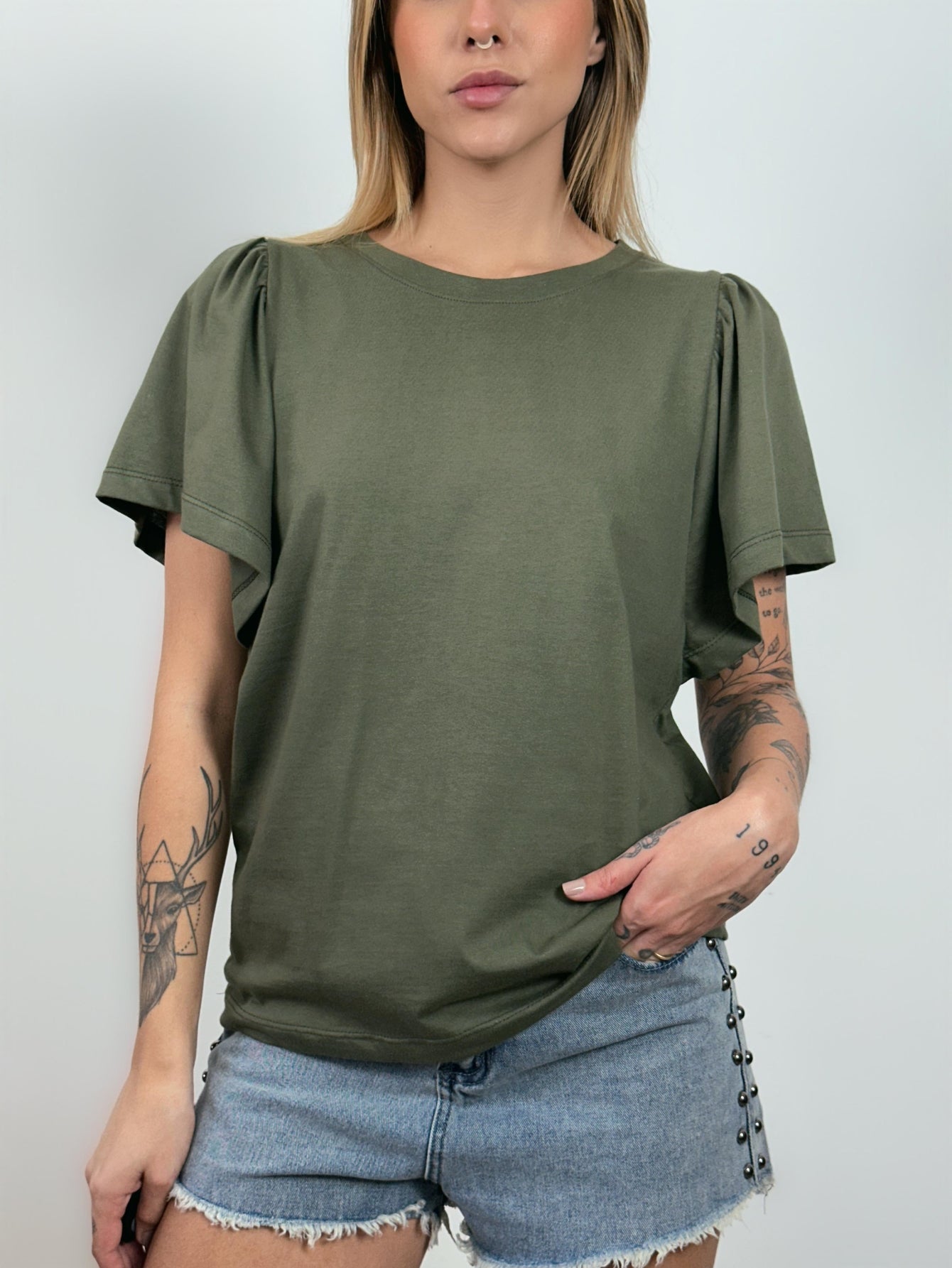 Blusa de Algodão Manga Bufante- Verde Oliva